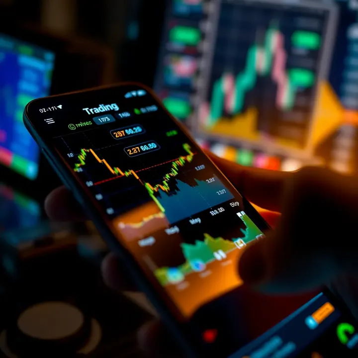 Smartphone displaying stock market graphs and trading charts on the screen
