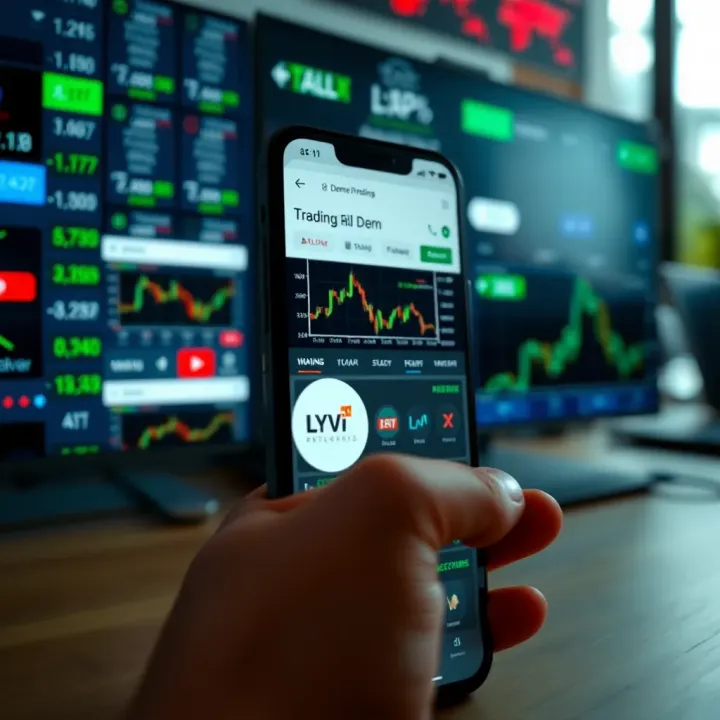 Mobile phone displaying multiple trading app interfaces with stock charts and demo account features