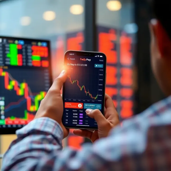 User interacting with a mobile trading application showing stock charts and market data