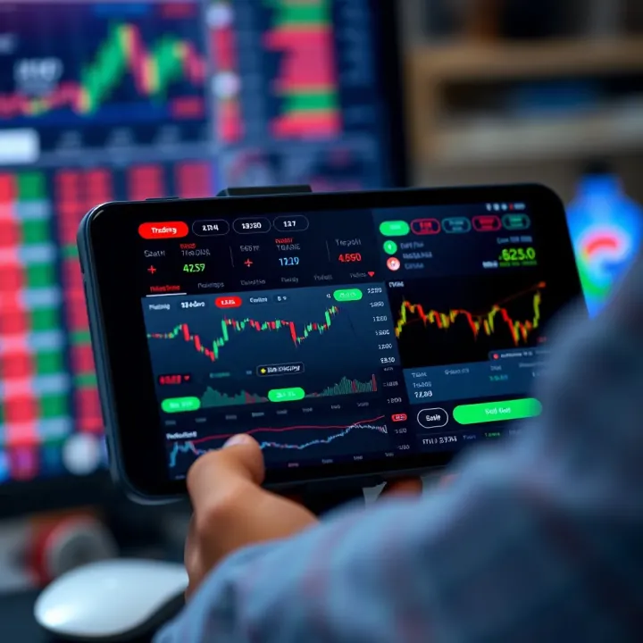 Mobile device screen displaying various Indian trading app interfaces with charts and financial data