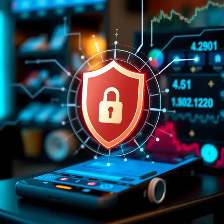 Conceptual graphic of a secure digital shield protecting financial transactions in a trading application