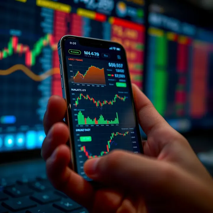 Illustration of a smartphone displaying various stock market charts and financial data for trading