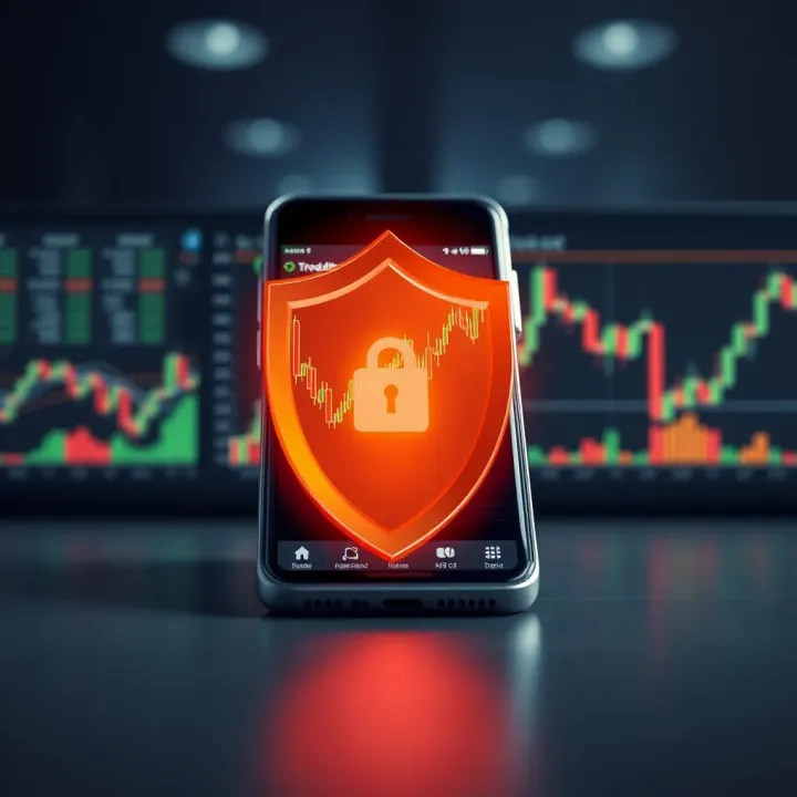 Conceptual illustration of digital shield overlaying smartphone with stock market graphs
