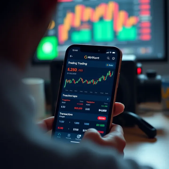 Secure mobile screen displaying a verified trading app interface with charts and transaction details