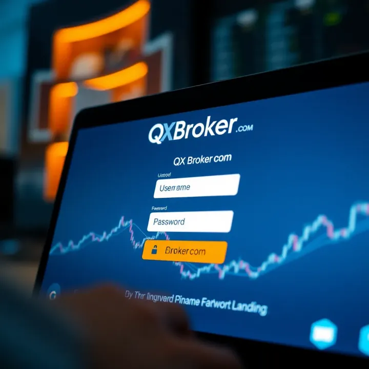 User interface showing login screen with username and password fields on QXBroker.com
