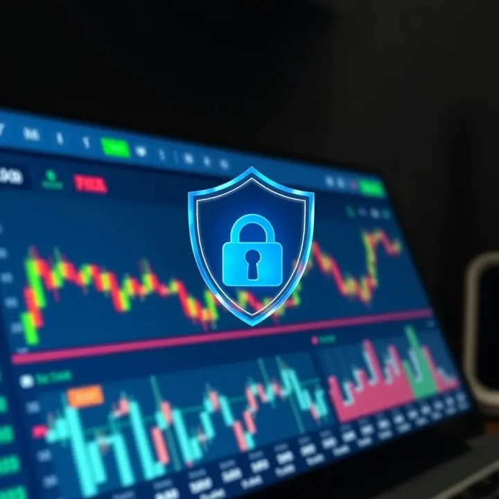 Account Security Features on Quotex Trading Platform Visual representation of a secure shield icon over a trading platform dashboard indicating account protection