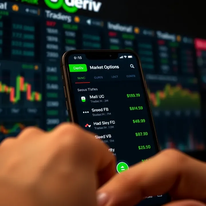 User interface of Deriv app showing various trading options and market data for stocks and forex