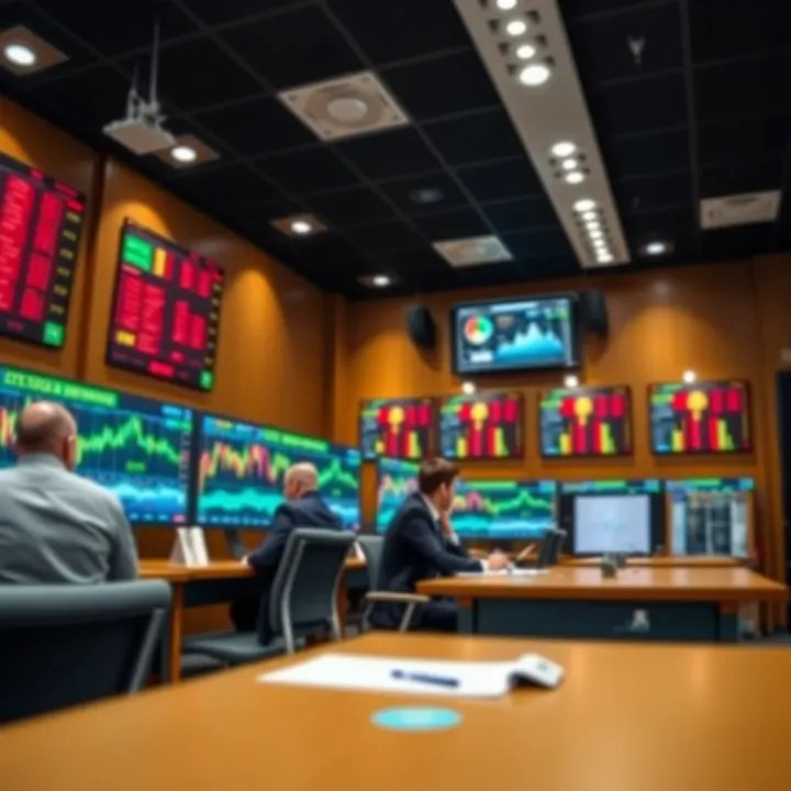 Forex academy classroom setting with charts and currency symbols on digital screens