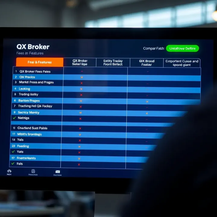Comparison chart showing fees and features of QX Broker alongside other brokerage firms
