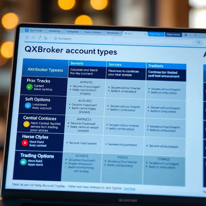 Different account types available on QXBroker with comparison of their key benefits and trading options