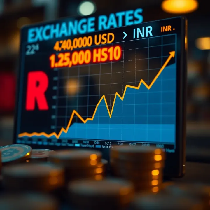 Graph showing currency exchange rate fluctuations between US dollar and Indian rupee over time