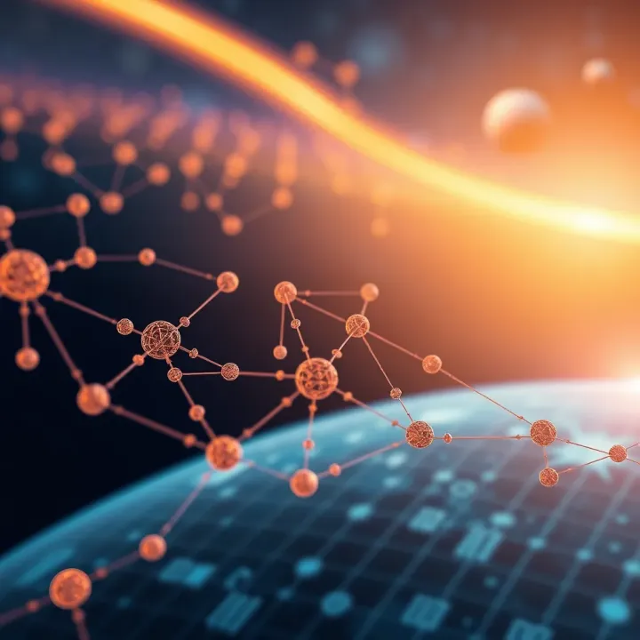Cosmos Ecosystem and Blockchain Technology Visualization Conceptual illustration of blockchain technology with interconnected nodes representing Cosmos ecosystem