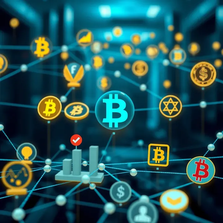Blockchain network connecting diverse financial icons representing cryptocurrency fundraising methods