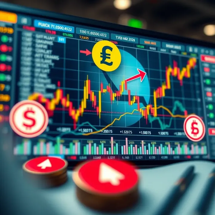 Graphical illustration of currency pairs with arrows indicating market trends and risk management symbols