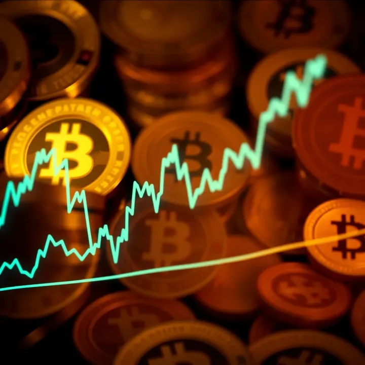 Graph showing fluctuations in Dogecoin value with a backdrop of digital currency icons
