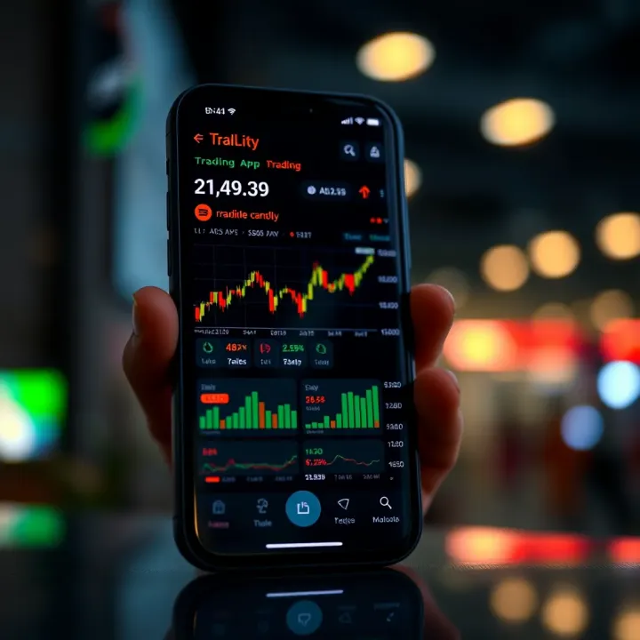 Mobile phone displaying user-friendly trading app interface with charts and market data