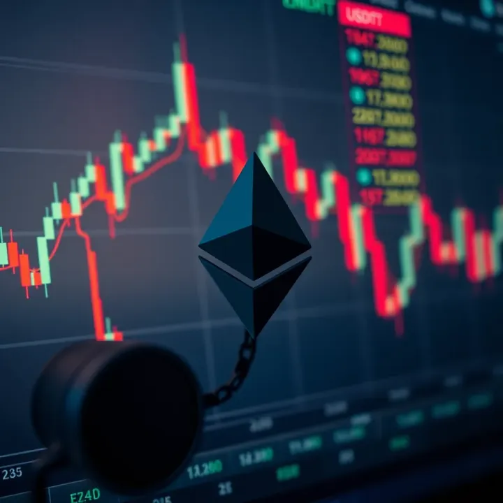 Graph showing Ethereum price fluctuations against Tether with technical analysis indicators