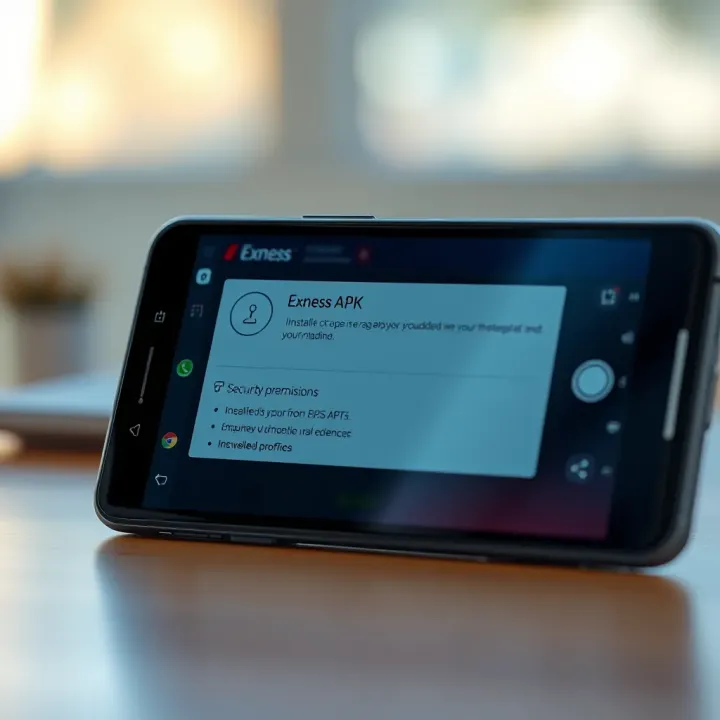 Android device showing Exness APK installation screen with security permissions and download progress