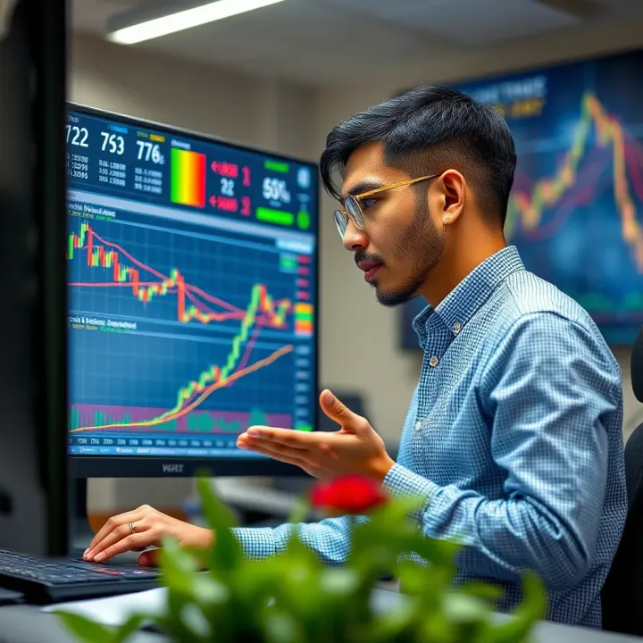 Illustration of a trader analyzing market data with charts and signals highlighting benefits and risks