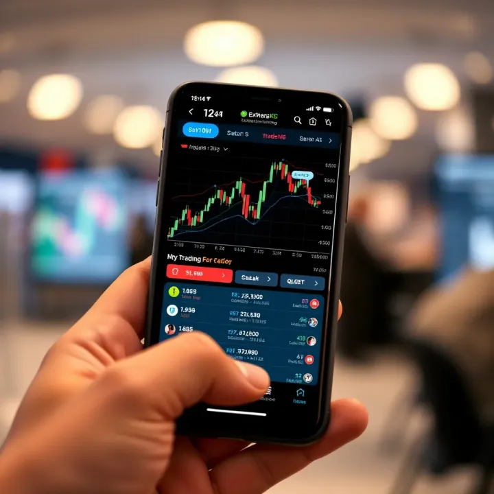 Smartphone displaying Exness mobile trading platform interface with currency charts and trading options