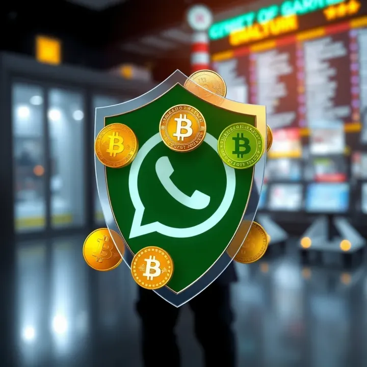 Visual representation of security shield overlaying cryptocurrency icons symbolizing safe participation in WhatsApp groups