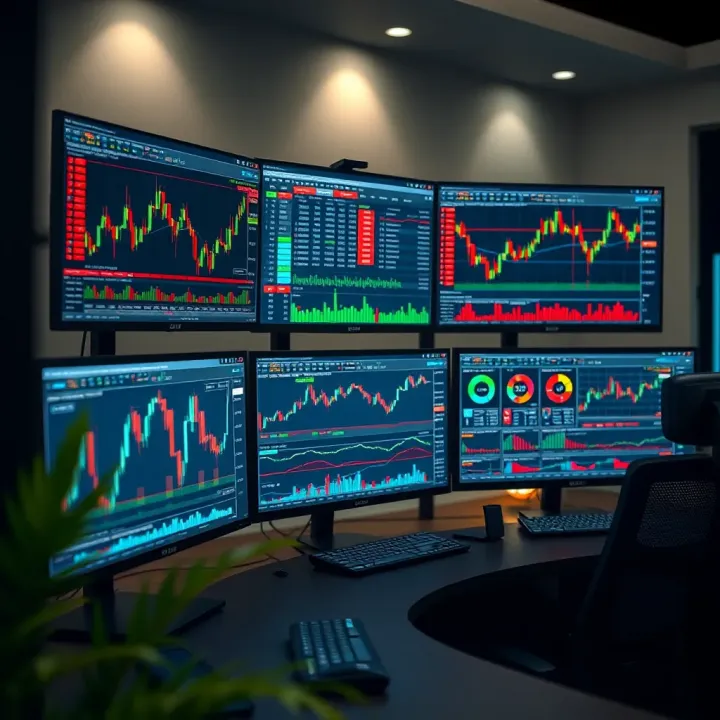Forex Trading Setup with Advanced Chart Analysis Workspace with multiple computer screens displaying forex charts and analytical tools
