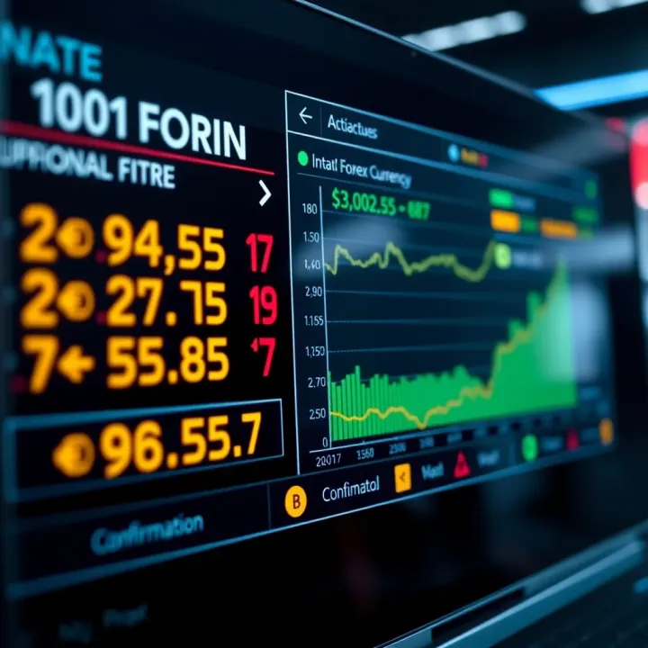 Digital interface displaying international currency exchange rates and transaction confirmation