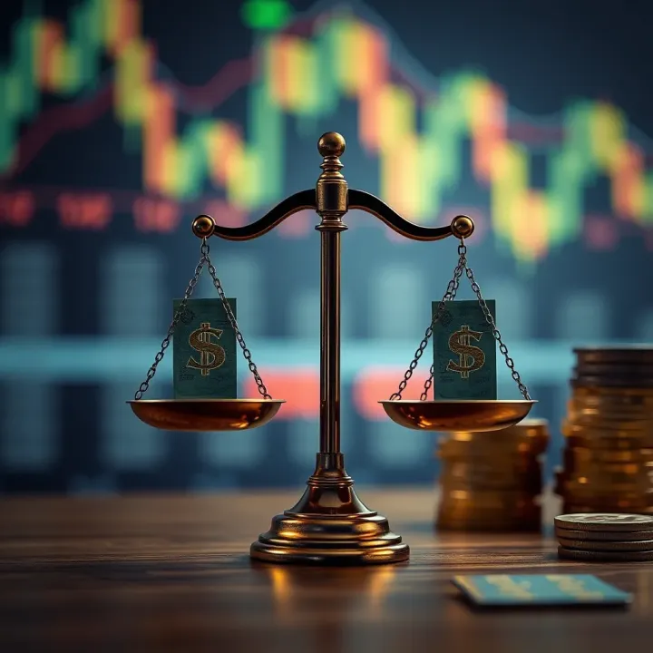 Conceptual illustration of risk management in forex trading represented by balanced scales and currency symbols