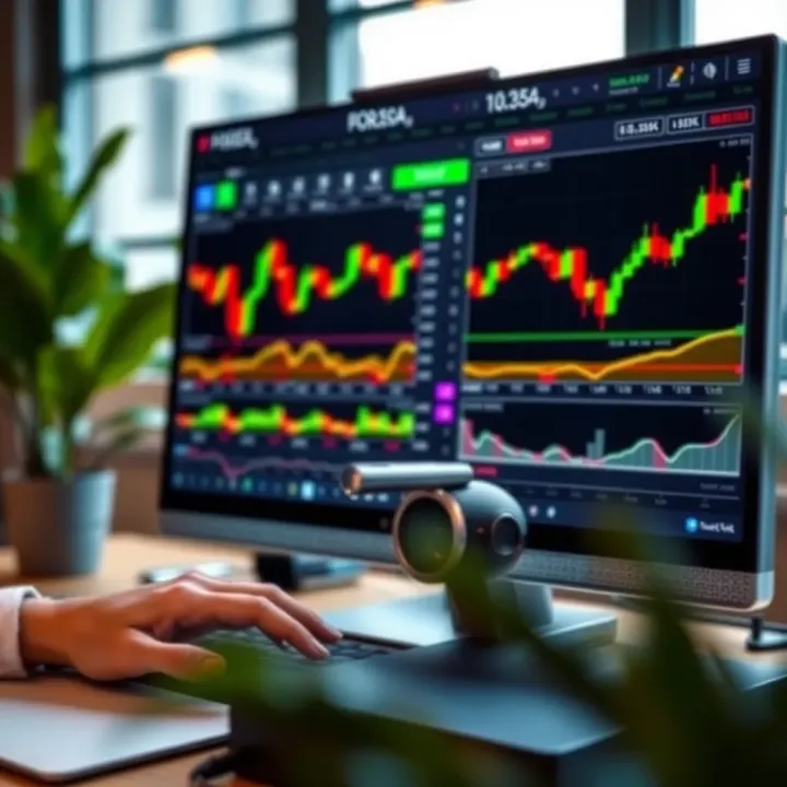 A desktop setup showing a forex trading platform with currency charts and graphs
