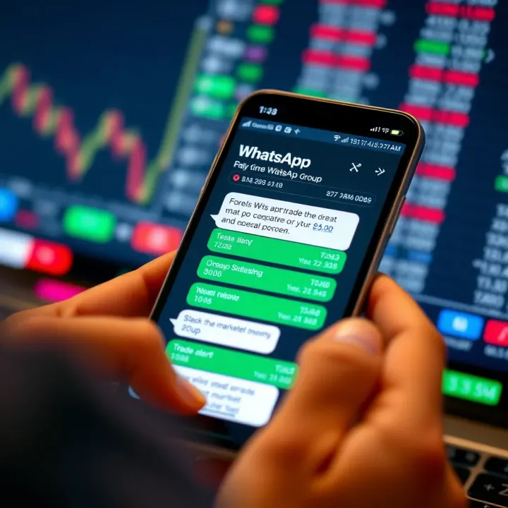 Smartphone screen displaying a Forex trading WhatsApp group chat with messages about market trends and trade alerts