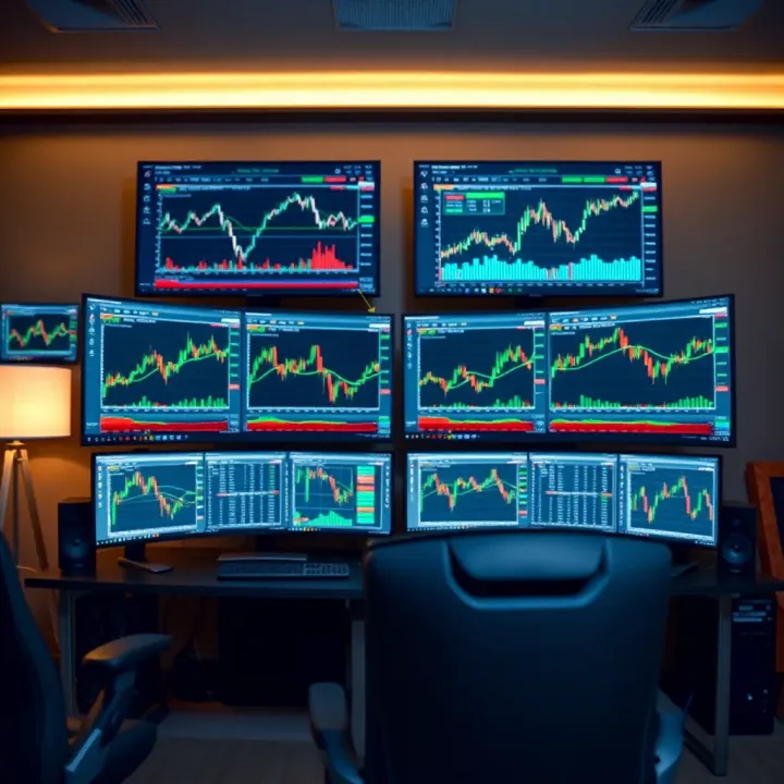 Four widescreen monitors arranged on a desk displaying diverse financial charts and market data for trading analysis