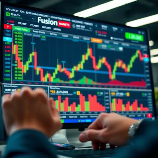 User interface of Fusion Markets platform showing trading charts and various financial instruments