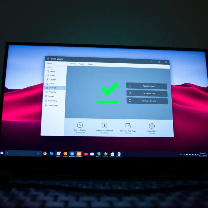 Illustration of a computer desktop with download icon and system compatibility indicators