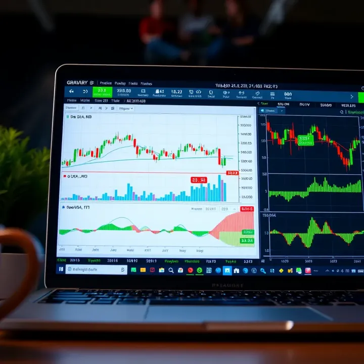 Digital dashboard displaying stock market charts and indicators on a laptop screen