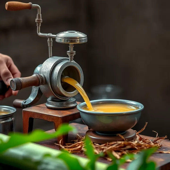 Manual Crusher Setup for Extracting Fresh Sugarcane Juice Traditional manual sugarcane crusher with a bowl collecting juice