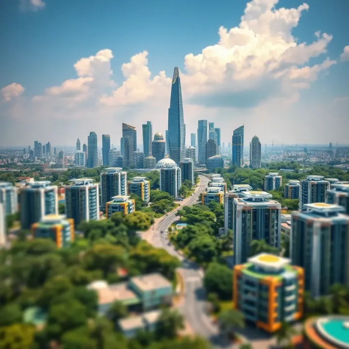 City skyline illustrating futuristic urban development with green spaces and advanced infrastructure