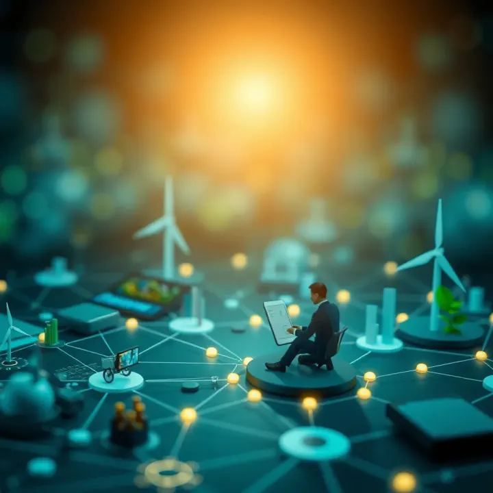 Digital network and renewable energy icons symbolizing technology and sustainability advancements