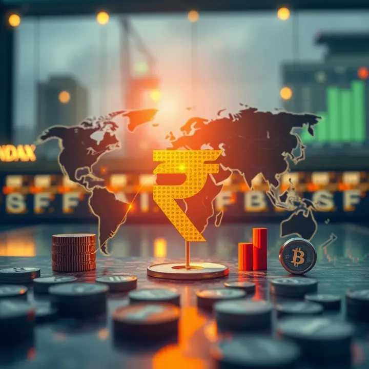 Navigating Global Stock Markets: Insights for Indian Investors Conceptual illustration of Indian Rupee symbol interacting with global stock market elements
