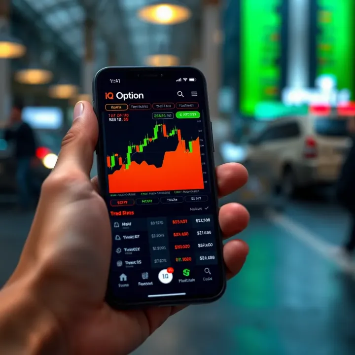 Smartphone displaying the IQ Option trading platform interface with vibrant charts and trading options