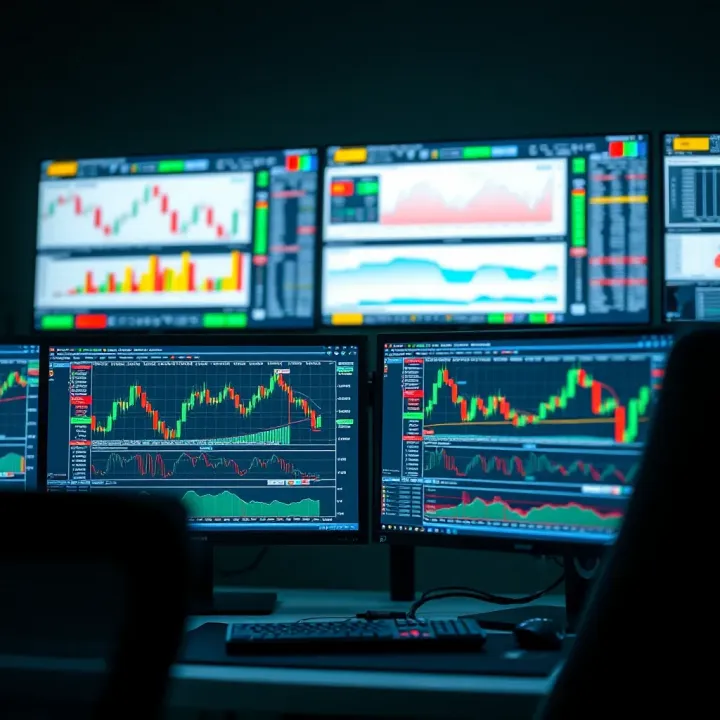 Trading workstation featuring a multi-monitor setup with software interfaces showing real-time market trends and trading tools