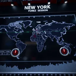World map highlighting New York timezone with clocks showing forex session hours