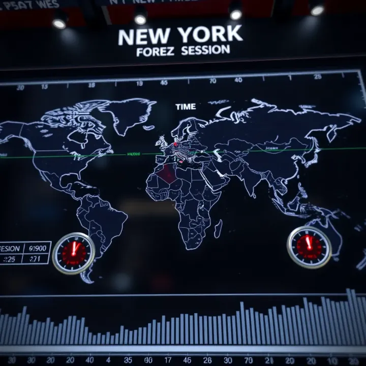 World map highlighting New York timezone with clocks showing forex session hours