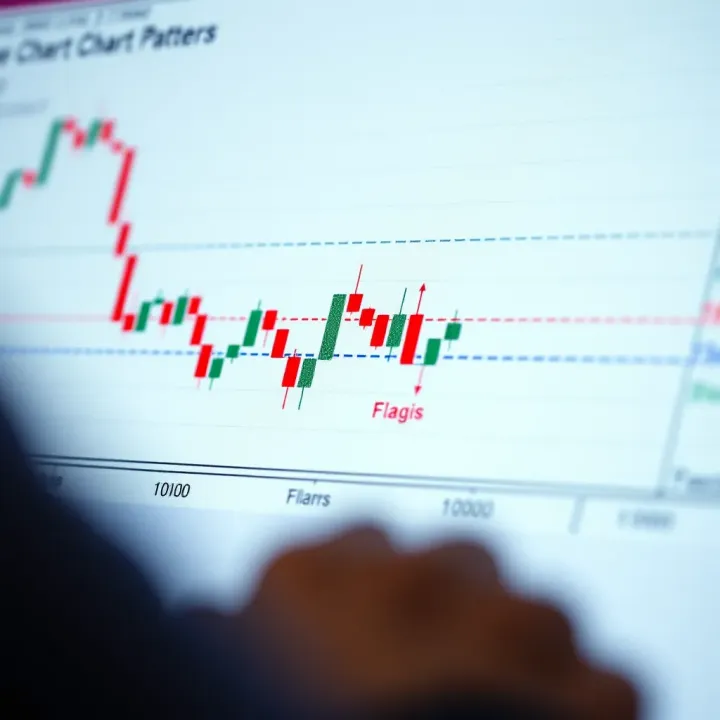 Illustration of common chart patterns like head and shoulders, double top, and flags on a candlestick trading chart