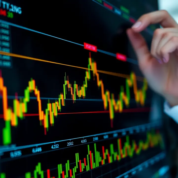 Graph showing fluctuating Bitcoin price trends with market indicators overlay