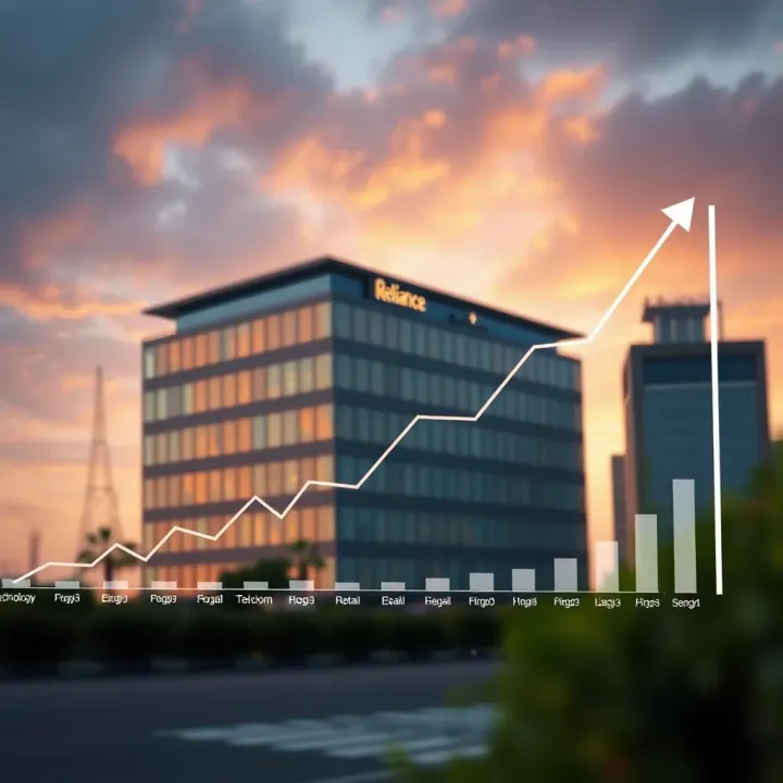 Graph showing growth trends in technology, retail, energy, and telecom sectors linked to a corporate building