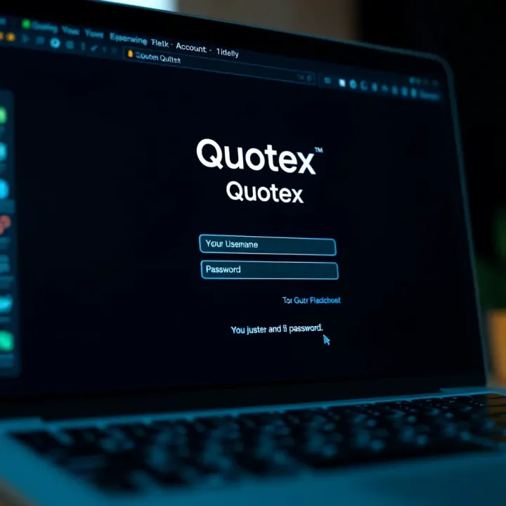 User interface displaying the Quotex login screen with fields for username and password