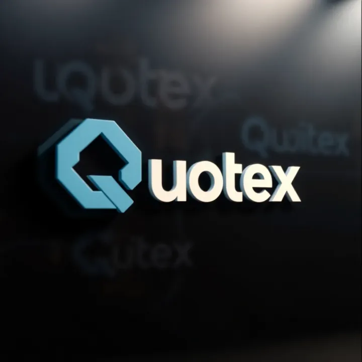 Stylized Quotex logo showcasing geometric shapes and modern typography on a dark background