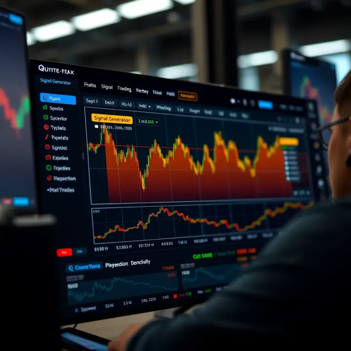 Interface of Quotex platform highlighting signal generator tool and trading options