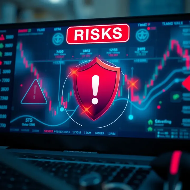 Managing Risks and Staying Safe in Online Trading Conceptual graphic depicting risk management in online trading with warning symbols and protective shields