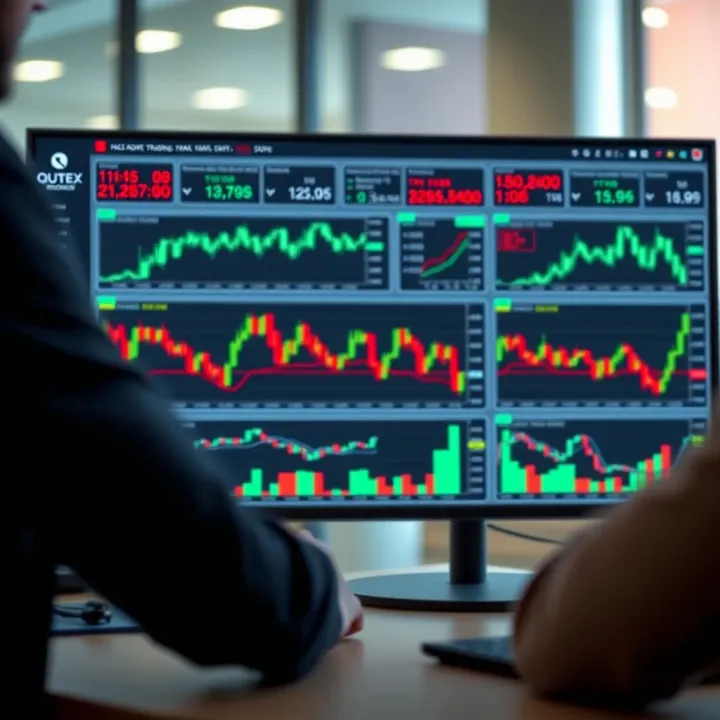 Dashboard interface showcasing Qutex Broker trading platform with charts and market data